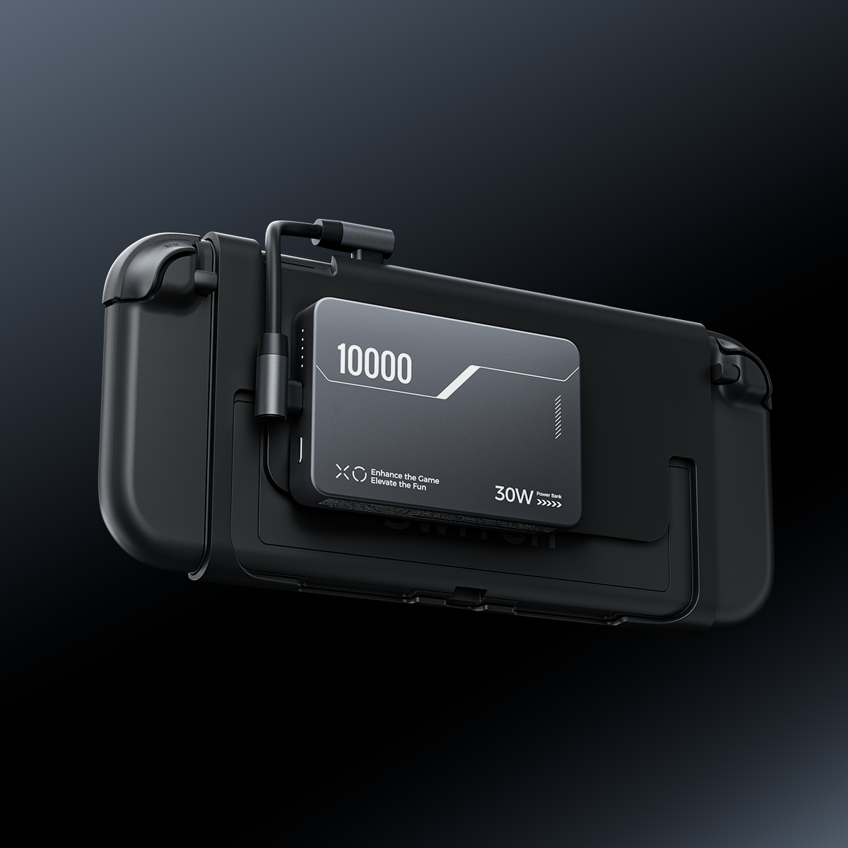 Full side view of ANTANK B5 10000mAh 30W power bank magnetically mounted on a Nintendo Switch 2 with the included short USB-C cable.