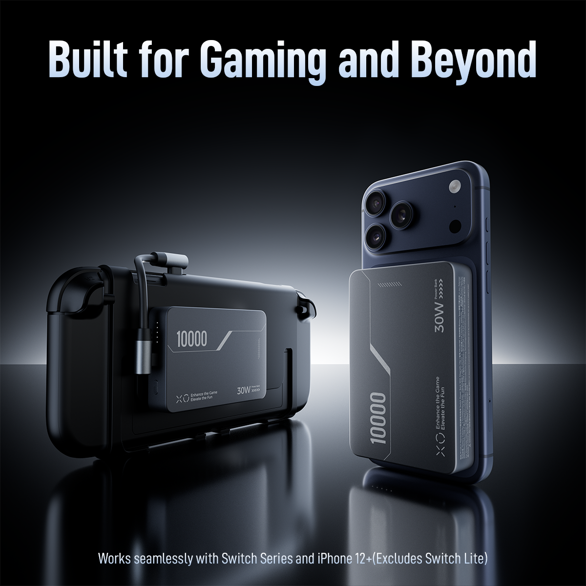 Product showcase of ANTANK B5 10000mAh 30W portable charger, magnetically attached to Nintendo Switch and iPhone, compatible with Switch series and iPhone 12 and above, versatile for gaming & daily phone charging.