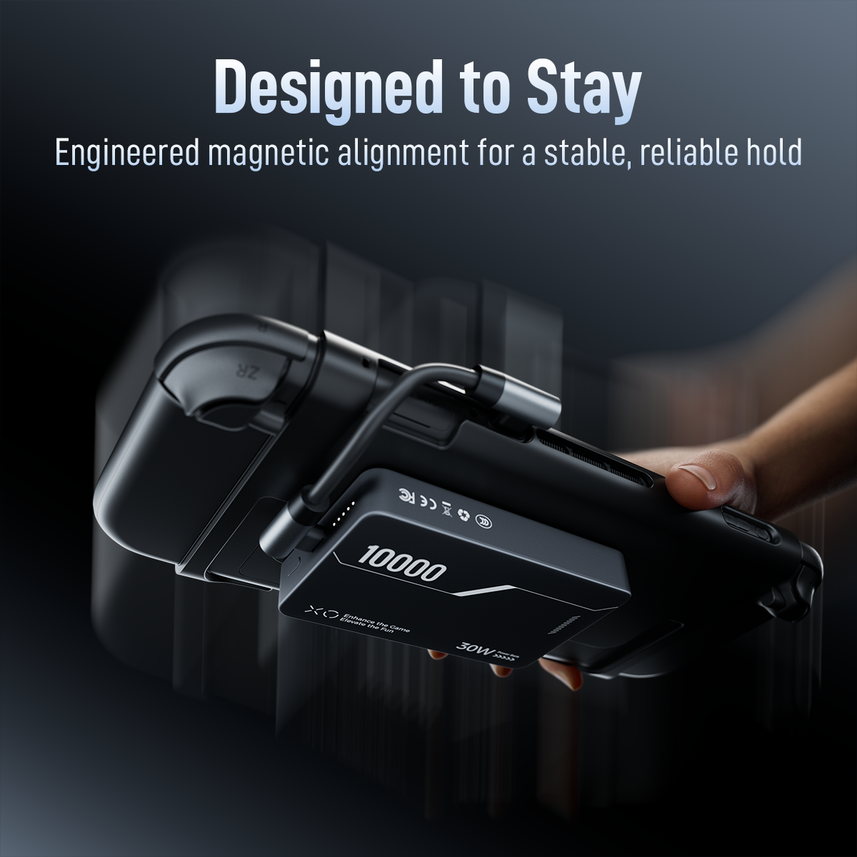 Action shot of ANTANK B5 power bank firmly attached to a Nintendo Switch, demonstrating stable, engineered magnetic alignment during use.