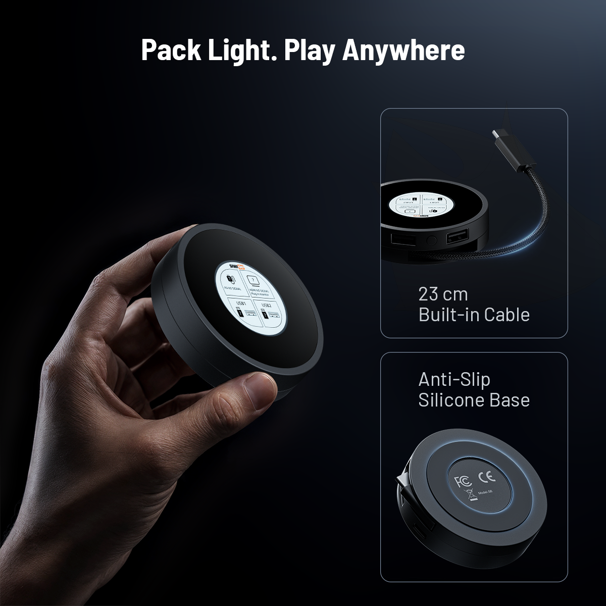 Hand holding the portable SIWIQU S6 Pocket Hub alongside close-ups of the 23cm built-in USB-C cable and anti-slip silicone base.