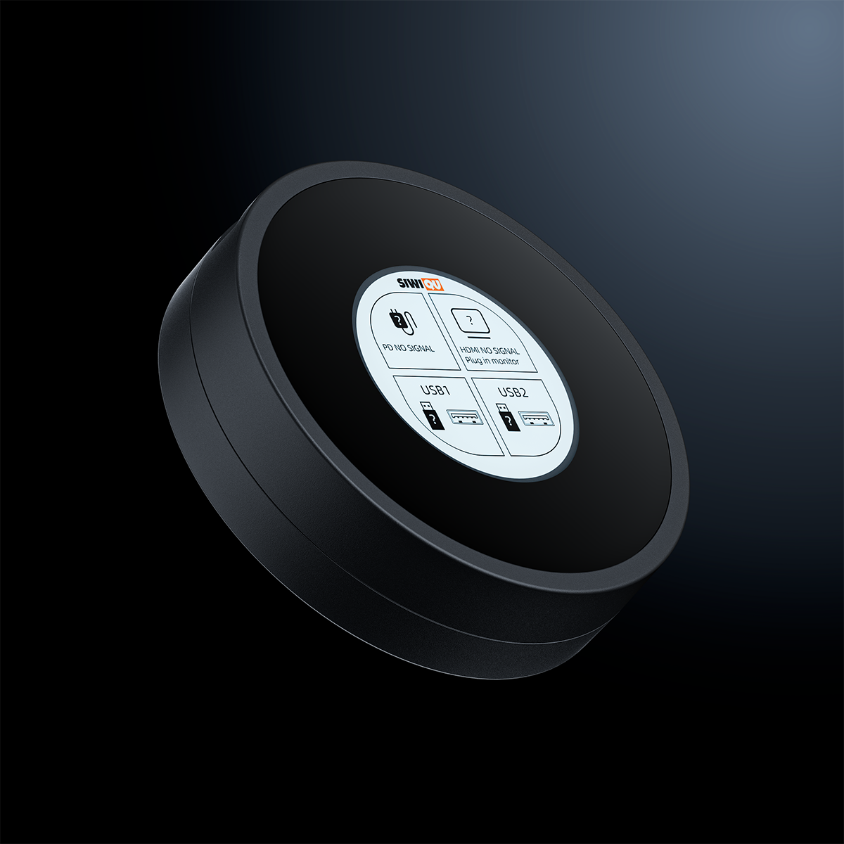 Side perspective of the sleek black circular SIWIQU S6 Pocket Hub with built-in smart status display screen.