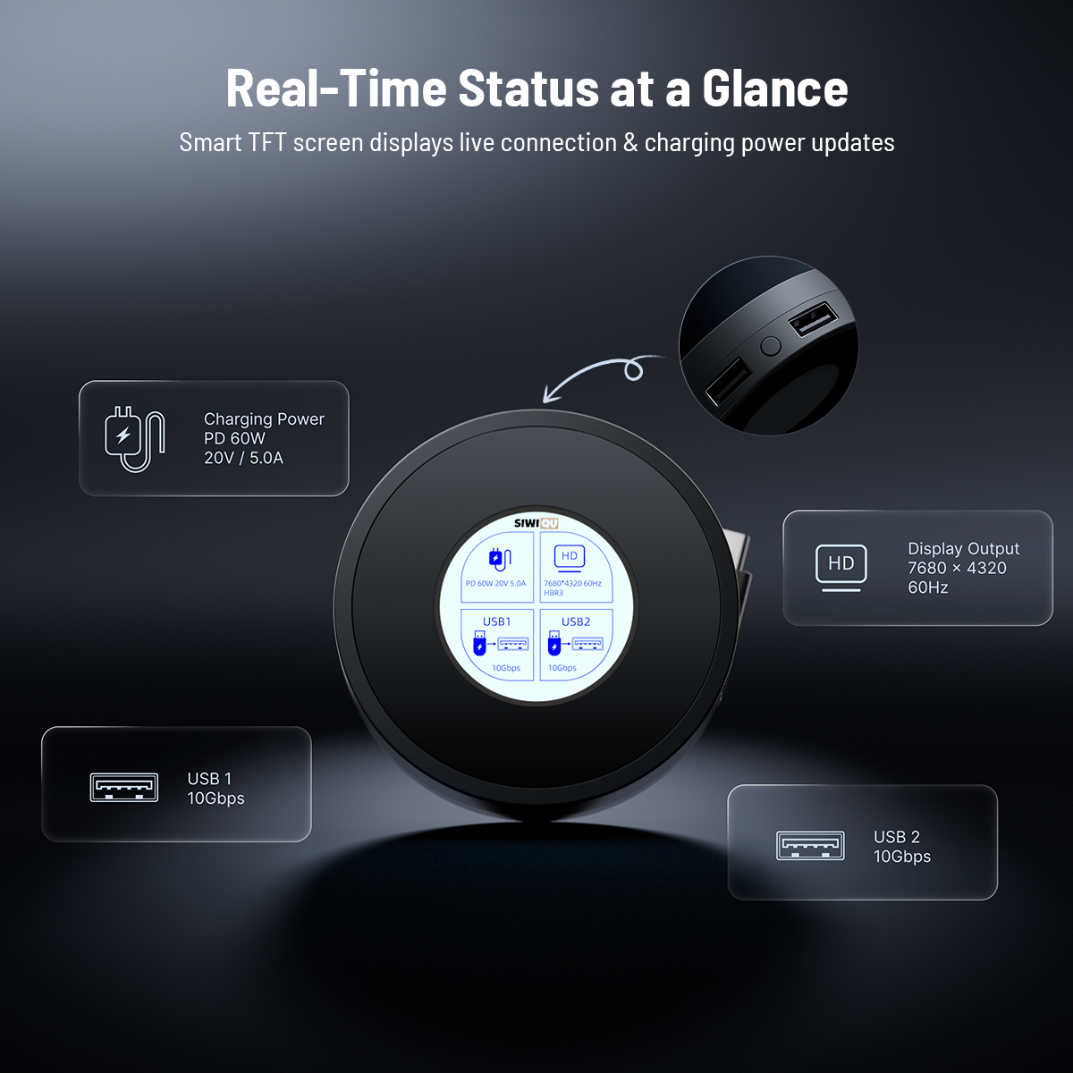Detailed callout of the SIWIQU S6 smart TFT screen showing real-time charging wattage, 8K video resolution output, and USB connection speeds.