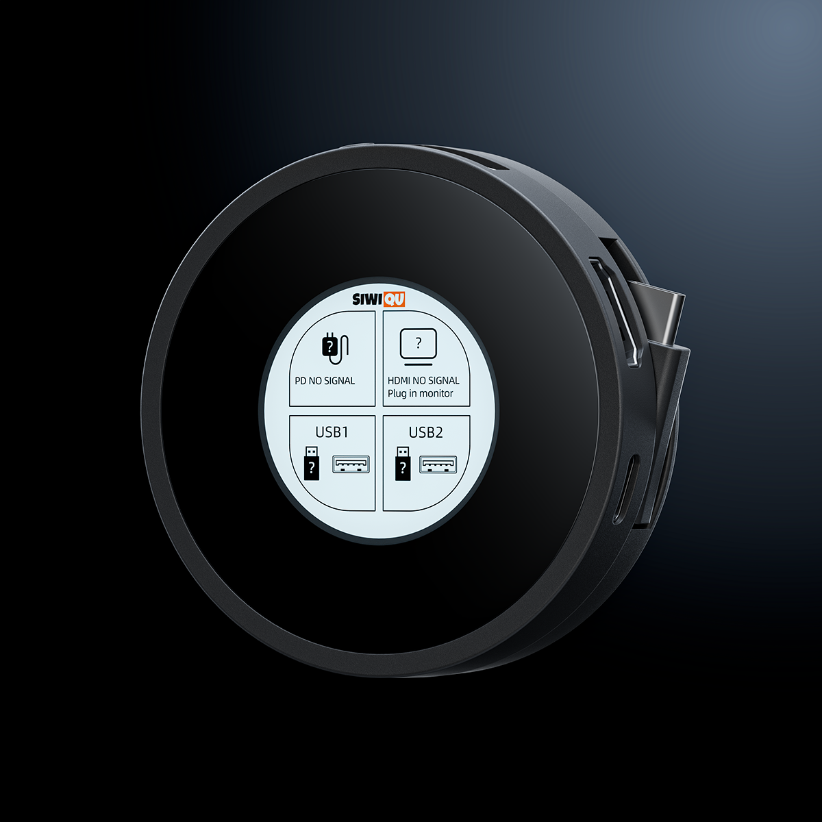 Front-facing angled view of the SIWIQU S6 Pocket Hub featuring the smart TFT screen displaying port status icons.