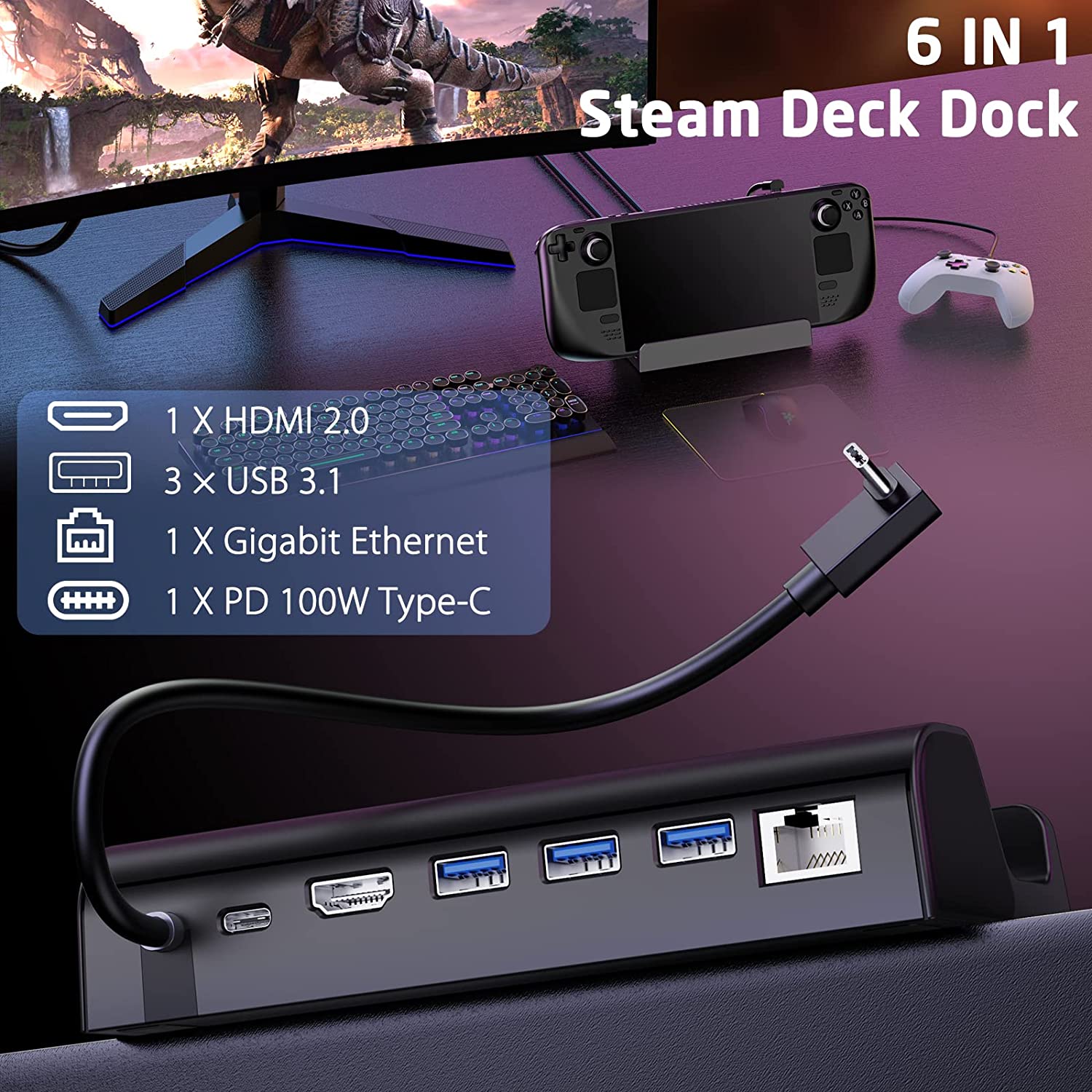Steam Deck Dock With With Led Light, Docking Station With Pd 100w Port,  Hdmi 2.0 4k, Usb 2.0 Gigabit Ethernet For Steam Deck Accessories