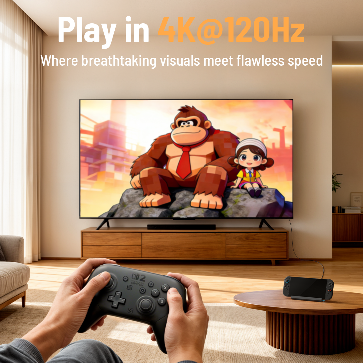 Antank S3 PRO Switch 2 dock supporting 4K@120Hz output, delivering crisp visuals for home TV gaming.