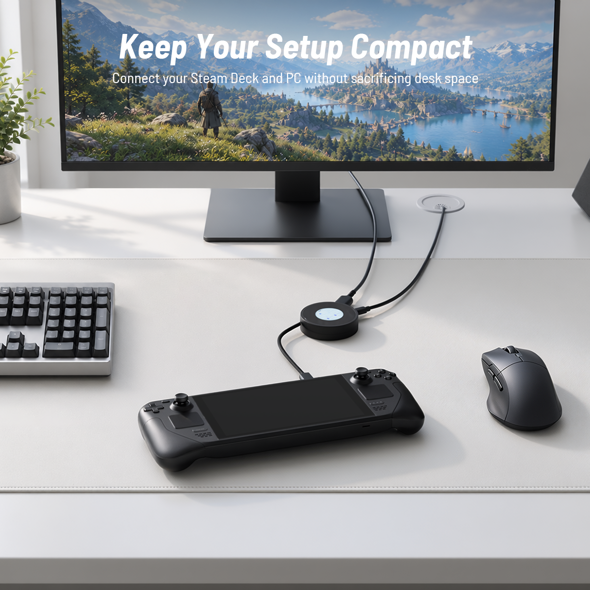 Antank S6 black magnetic docking hub connects Steam Deck to monitor, clean compact gaming desktop setup with keyboard and mouse