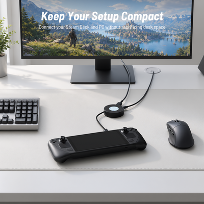 Antank S6 black magnetic docking hub connects Steam Deck to monitor, clean compact gaming desktop setup with keyboard and mouse