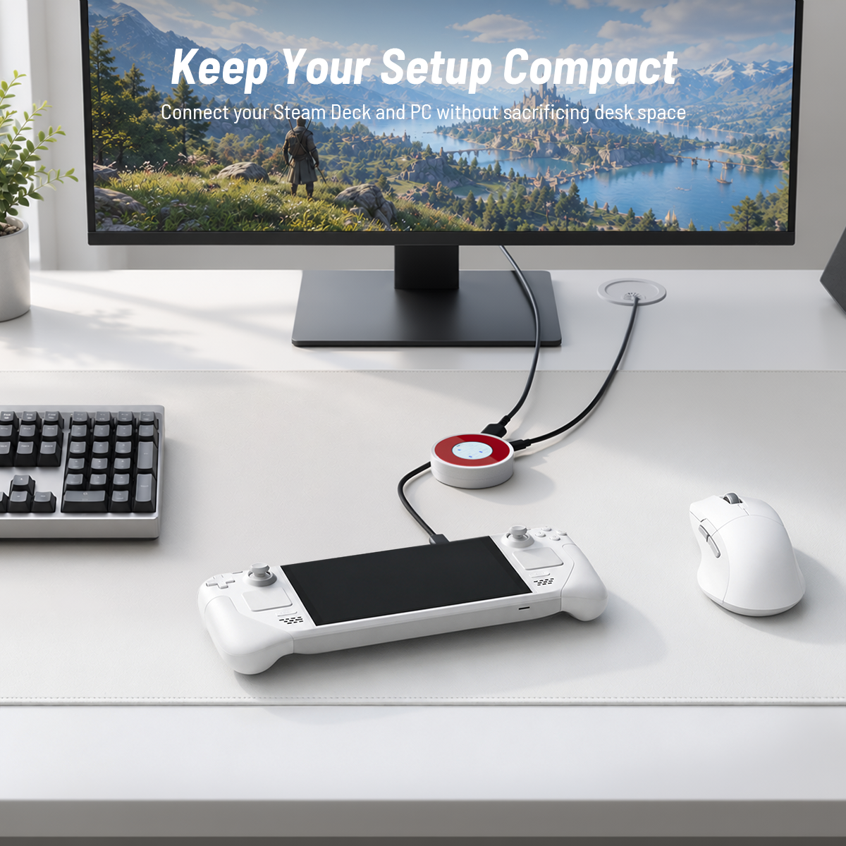 Antank S6 white magnetic docking hub paired with white handheld game console, minimalist gaming desk with monitor and mouse
