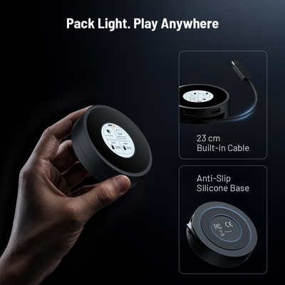 Hand holding the portable SIWIQU S6 Pocket Hub alongside close-ups of the 23cm built-in USB-C cable and anti-slip silicone base.