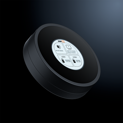 Side perspective of the sleek black circular SIWIQU S6 Pocket Hub with built-in smart status display screen.