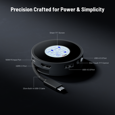 Precision-crafted round SIWIQU S6 Pocket Hub showing all connection ports including HDMI 2.1, 100W PD input, USB-A, built-in USB-C cable, and smart TFT screen.