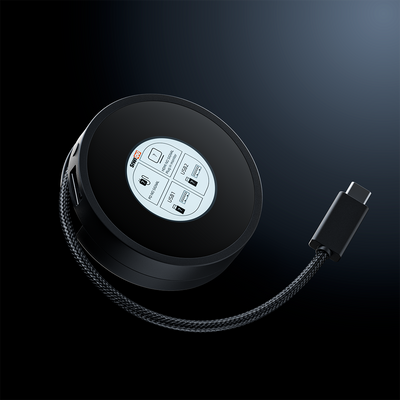 SIWIQU S6 circular docking station with its built-in braided USB-C cable extended out, featuring a smart TFT display screen in the center.  